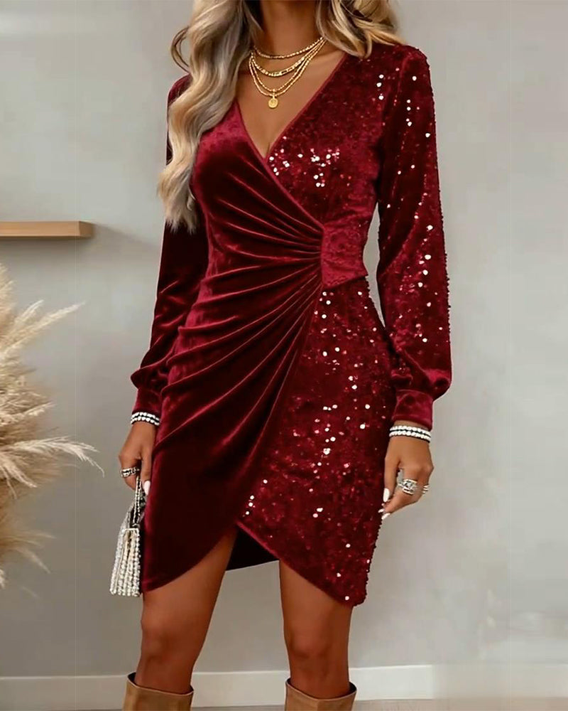 Sexy V-Neck Sequined Velvet Dress
