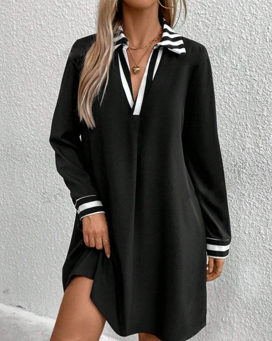 Lapel striped straight long sleeve dress casual dresses spring summer