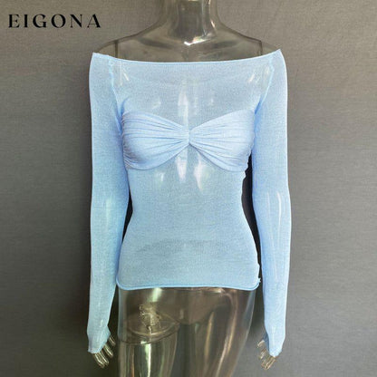 New Fashion Women's Clothing Lightweight See-Through Neck T-Shirt Top Sky blue azure blouse Clothes long sleeve shirts long sleeve top shirt shirts tops