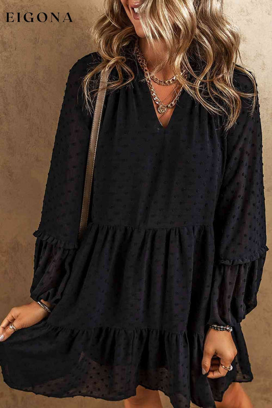 Swiss Dot V-Neck Ruffle Trim Mini Tiered Long Sleeve Dress Black casual dresses clothes dress dresses long sleeve dress long sleeve dresses Ship From Overseas short dresses SYNZ