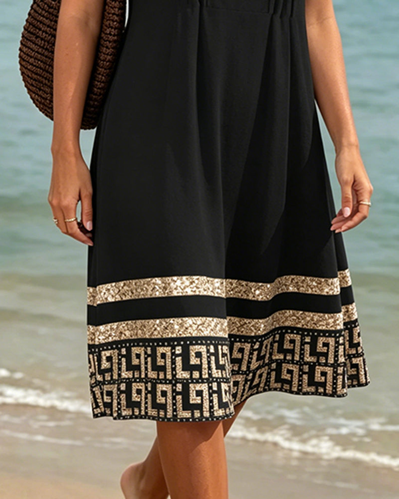Black With Gold Geometric Print Dress
