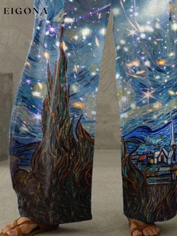 Oil Painting & Space Image Print With Pockets Wide-Leg Trousers starry