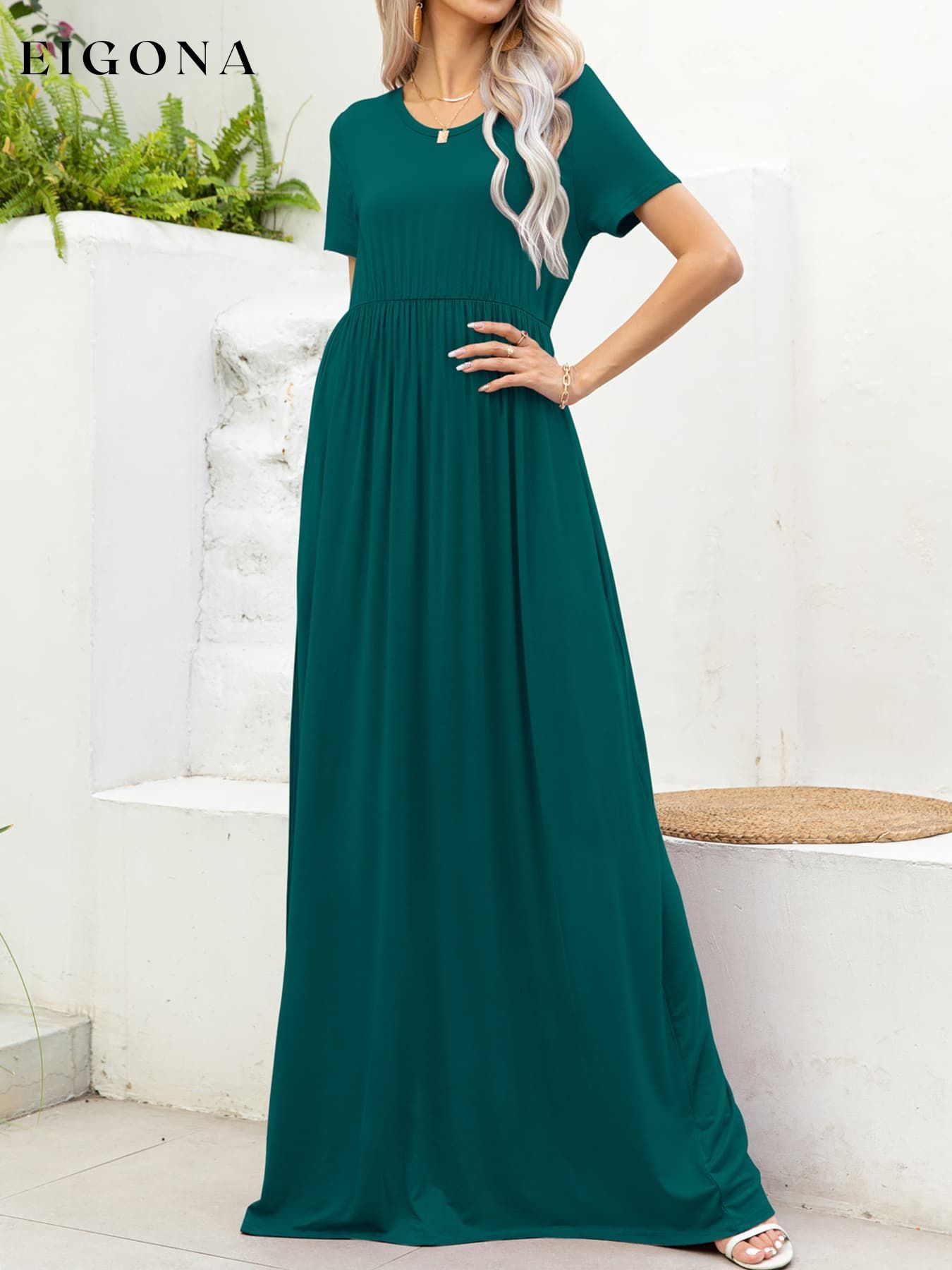 Round Neck Short Sleeve Maxi Dress with Pockets casual dress casual dresses clothes dress dresses maxi dress Putica Ship From Overseas Shipping Delay 09/29/2023 - 10/04/2023