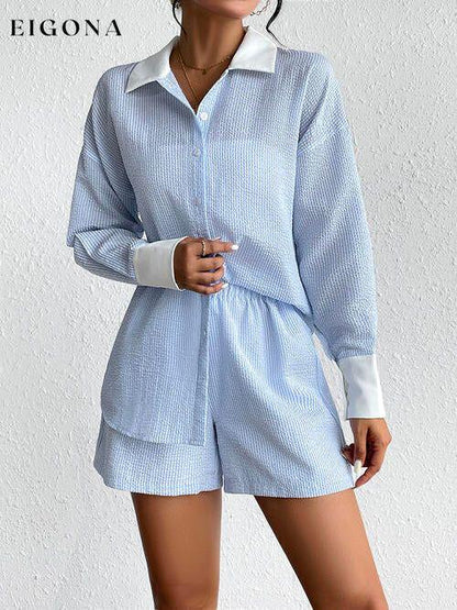 Texture Button Up Shirt and Shorts Set clothes DY Ship From Overseas