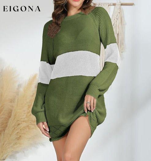Contrast Openwork Long Sleeve Sweater Dress Moss clothes H&Q Ship From Overseas
