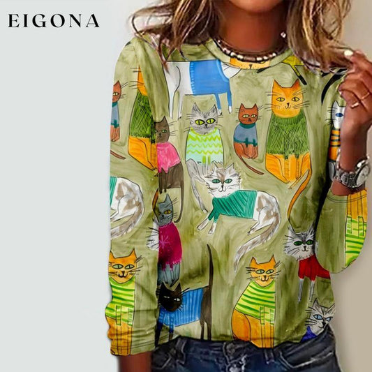 Creative Cat Print T-Shirt Green best Best Sellings clothes Plus Size Sale tops Topseller