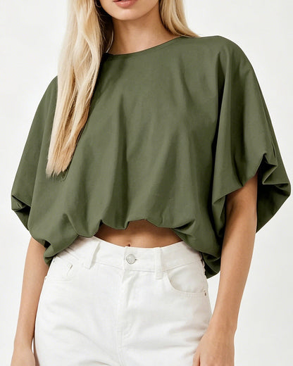 Solid Color Puff Sleeve Cropped Top blouses & shirts spring summer