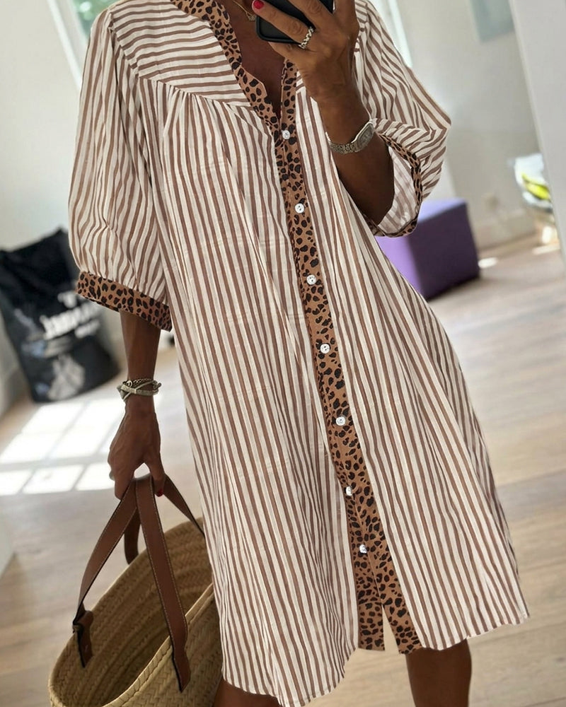 Striped Leopard Patchwork Shirt Dress