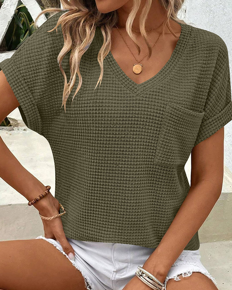 Women's Waffle Knit V-Neck Casual Summer T-shirt