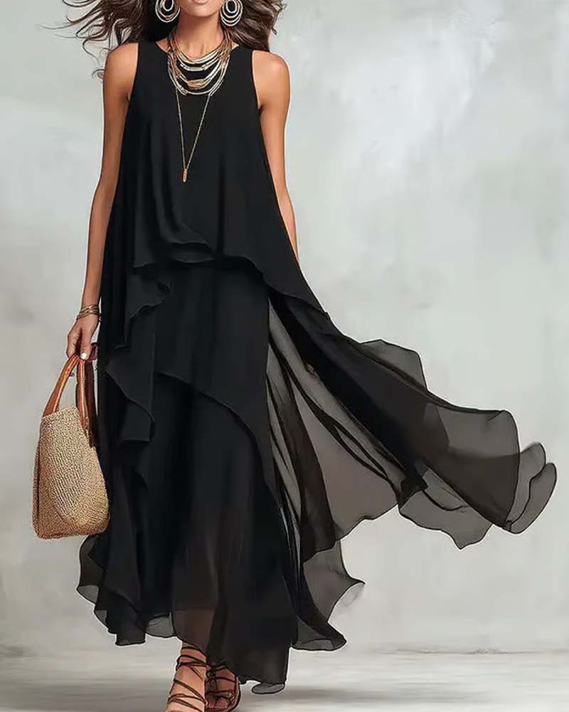 Crew Neck Sleeveless Chiffon Irregular Dress 2024 f/w spring summer