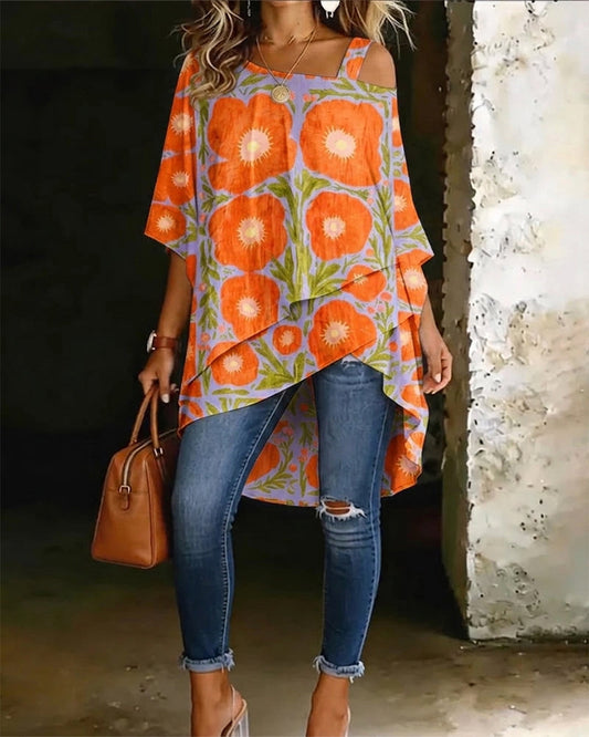 Printed Asymmetrical Off-The-Shoulder blouses & shirts spring summer