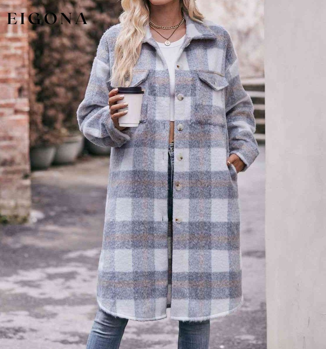 Plaid Dropped Shoulder Slit Coat Charcoal clothes coat jacket long sleeve Mandy Ship From Overseas