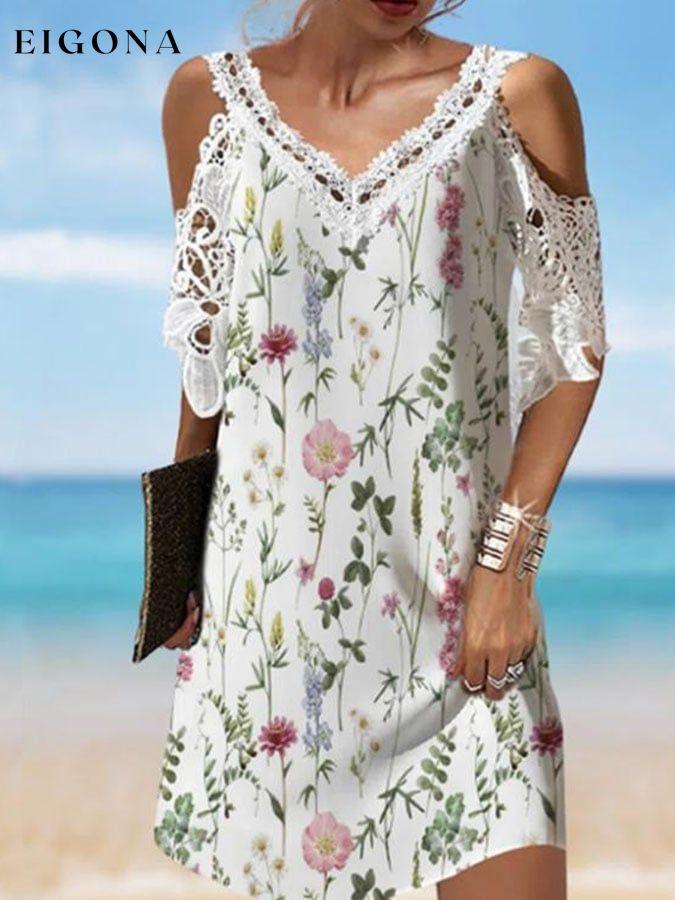 V-Neck Lace Off-The-Shoulder Print Dress cotton linens