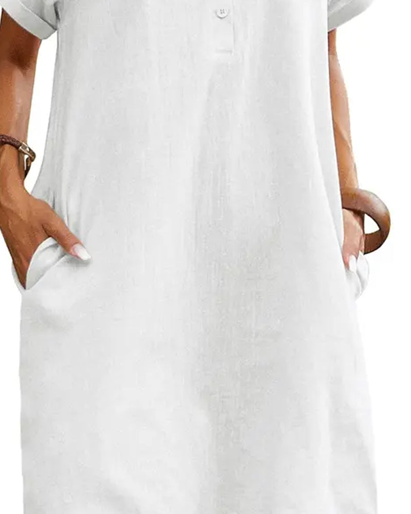 Lapel Button Split Short Sleeve Casual Dress