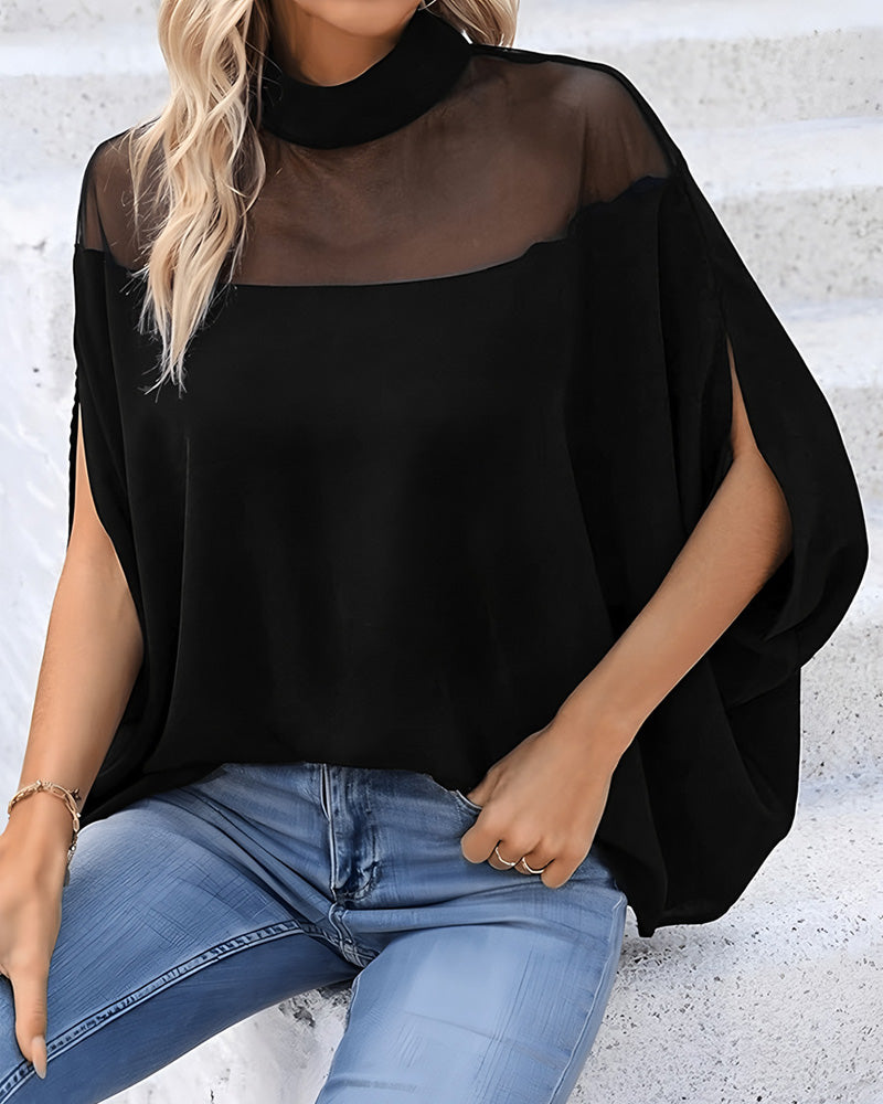 Sheer Cold Shoulder Dolman Sleeve Blouse