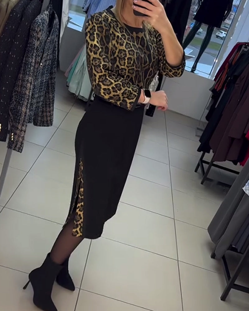 Puff Sleeve Leopard Print Slit Dress