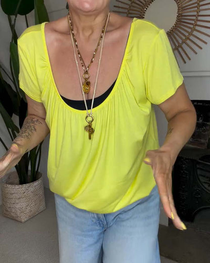 Round-Neck Loose Pleated T-Shirt