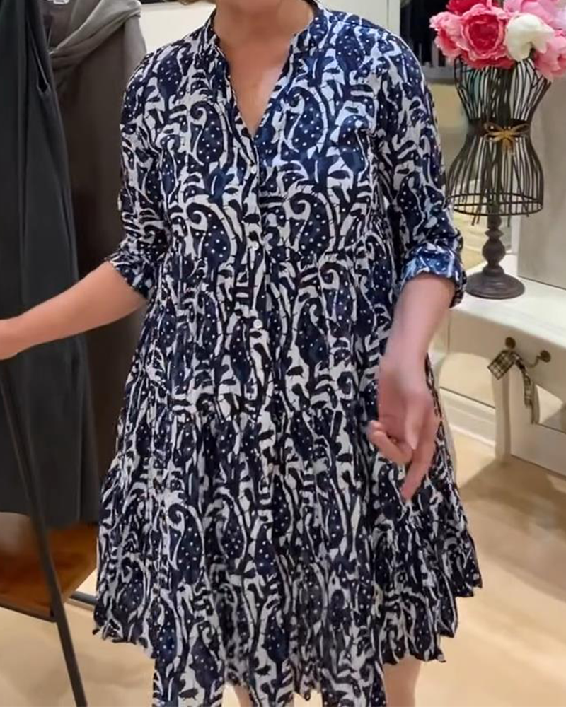 Stand Collar Printed Retro A-Line Dress