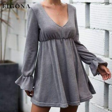 Flounce Sleeve V-Neck Mini Dress Heather Gray Clothes Ship From Overseas YO
