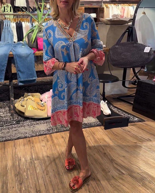 V-neck loose printed dress casual casual dresses summer