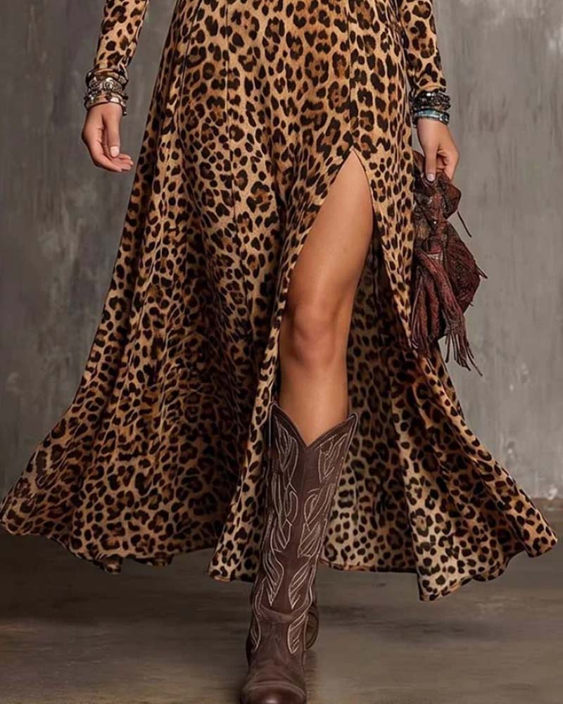Leopard-Print V-Neck Dress With A Slit 2025 f/w casual dresses spring