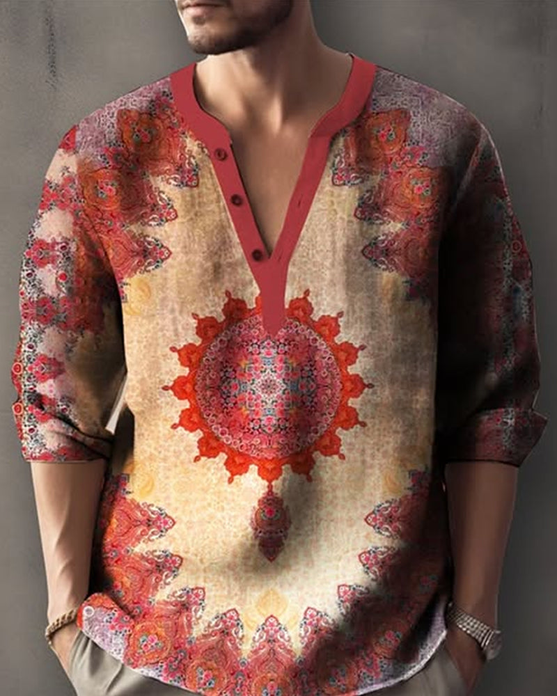 Men's V-Neck Ethnic Style Printed Top