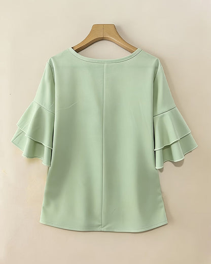 Crewneck Faux Pearl Button Ruffle Blouse
