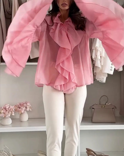 Solid Color Fashionable Bell Sleeve Blouse