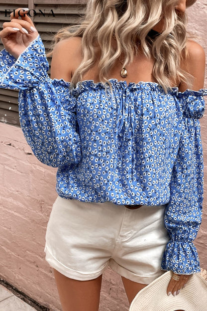 Off Shoulder Printed Frill Trim Blouse clothes Hanny long sleeve long sleeve shirts long sleeve top Ship From Overseas Shipping Delay 09/29/2023 - 10/04/2023 top tops trend