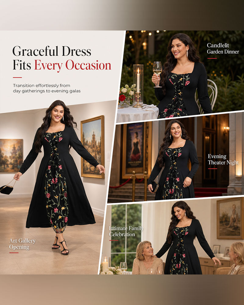 Square Neck Rose Spliced Maxi Dress 2024 f/w casual dresses