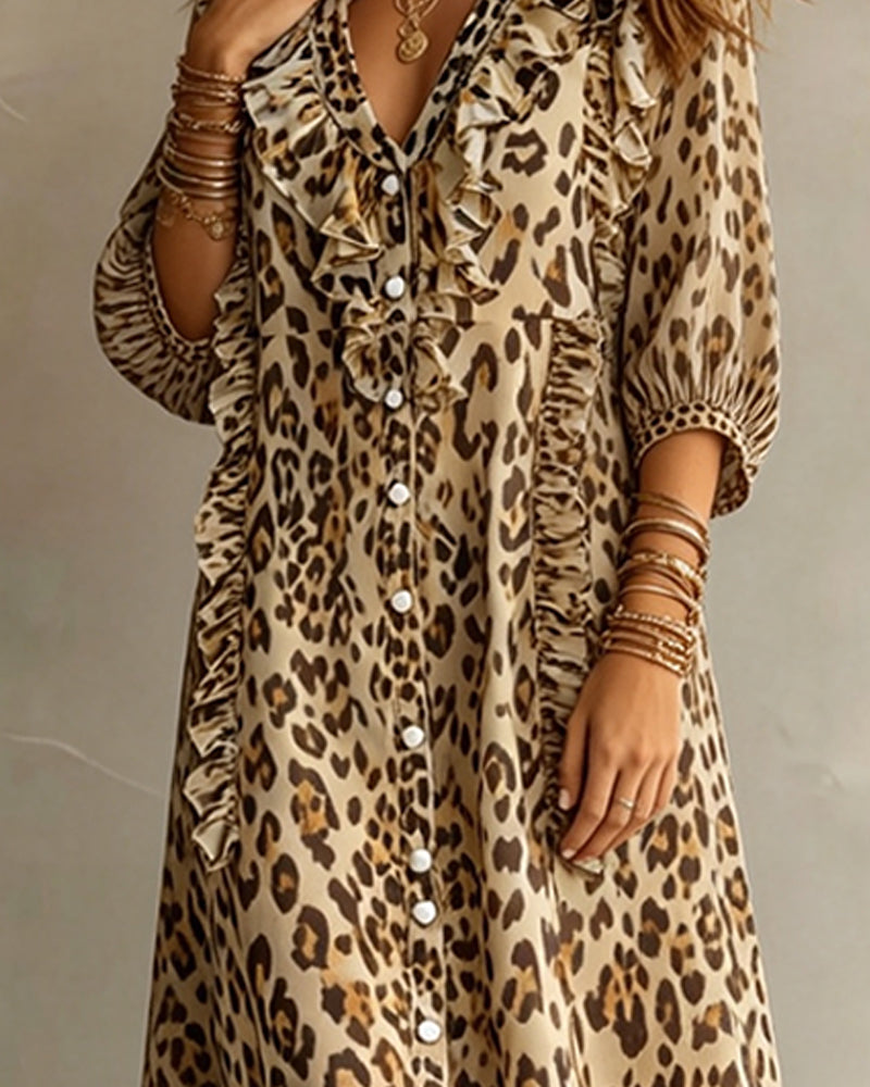 Leopard Print Ruffle Hem Maxi Dress