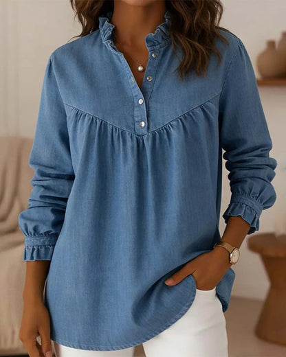 Denim Ruffled Button-Down Top