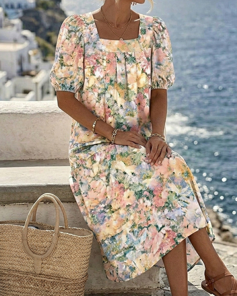 Printed Square Neck Bubble Sleeve Dress