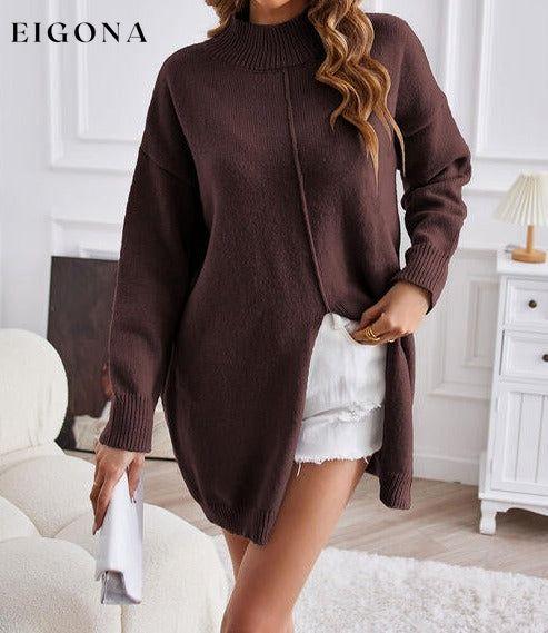 Exposed Seam Mock Neck Slit Sweater Chestnut clothes SF Knit Ship From Overseas Sweater sweaters
