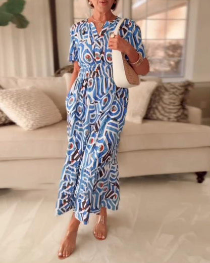Printed Short Sleeve Waist Dress
