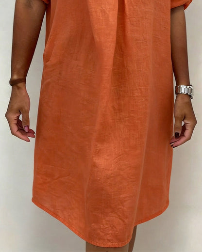 V-Neck Pleated Cotton-Linen Dress