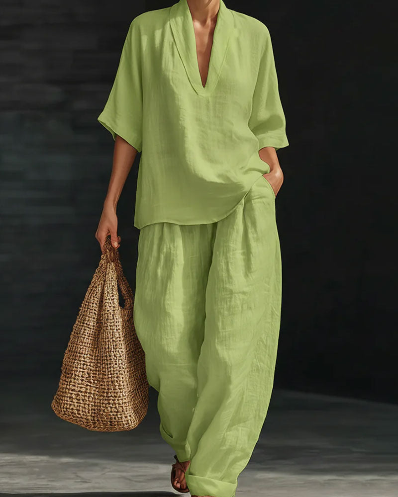 V-Neck Short Sleeve Cotton Linen Set