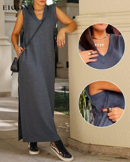 Elegant solid color slit pocket dress casual dresses spring summer