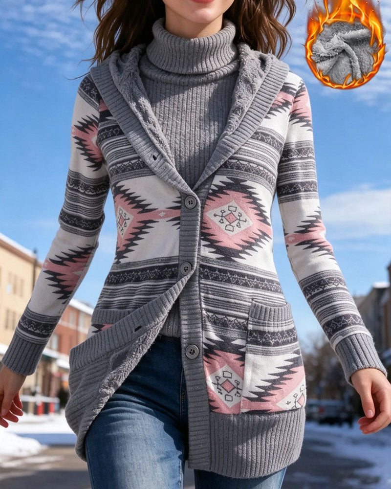 Printed Hooded Button Down Coat