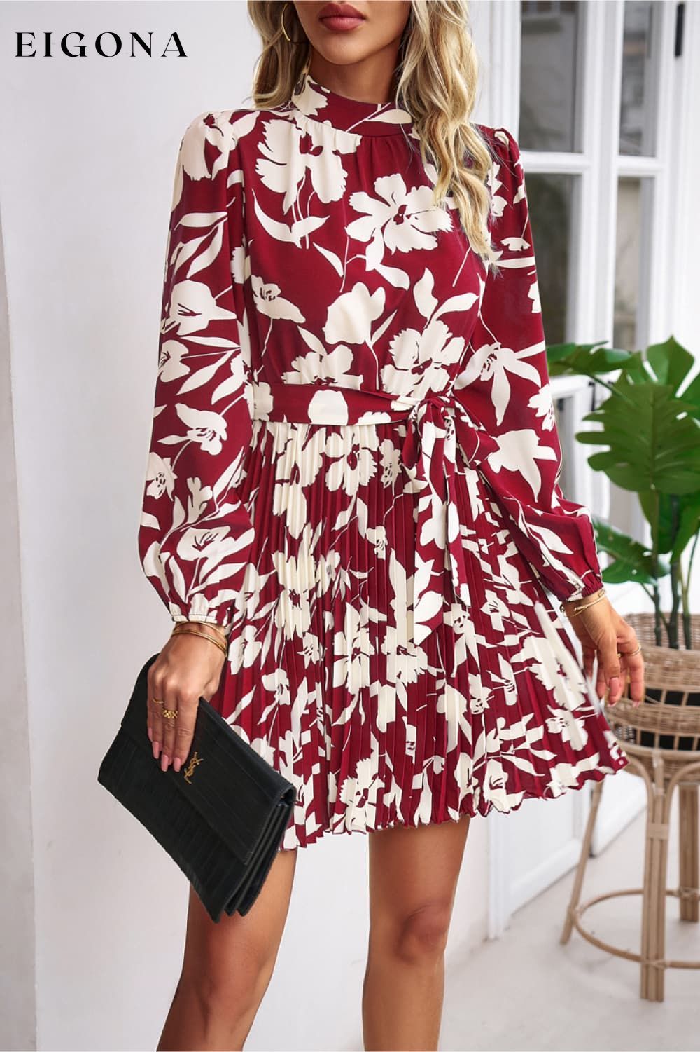 Floral Mock Neck Tie Waist Pleated Dress Deep Red clothes dress dresses DY Ship From Overseas trend