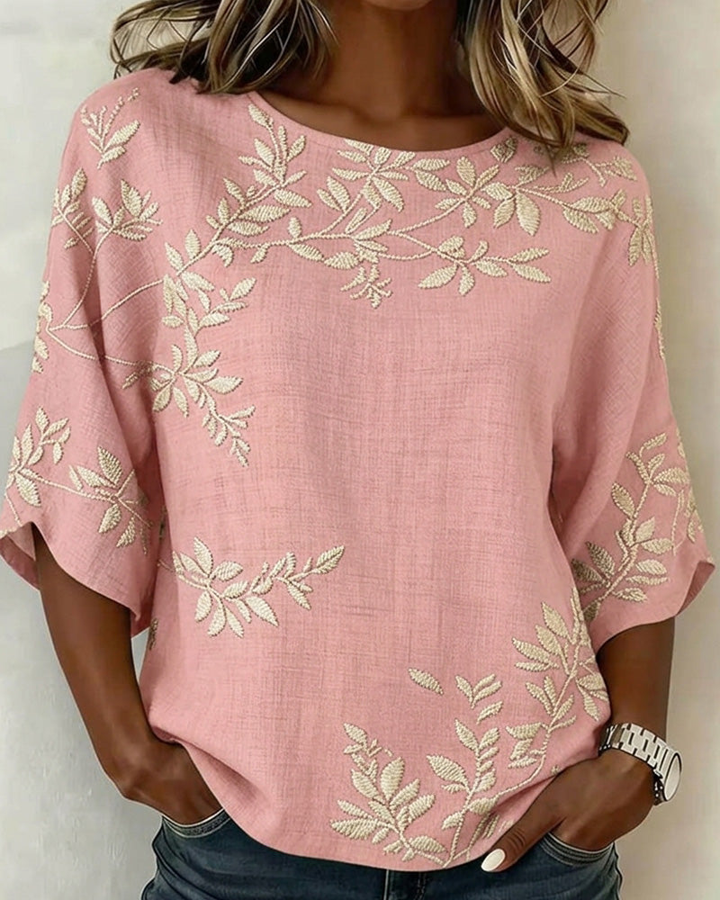 Round Neck Batwing Sleeve Striped Blouse