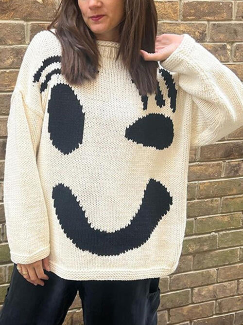 Contrast Drop Shoulder Long Sleeve Sweater Cream A@Y@M clothes Ship From Overseas