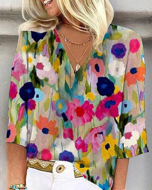 Colorful floral print V-neck three-quarter sleeve casual shirt