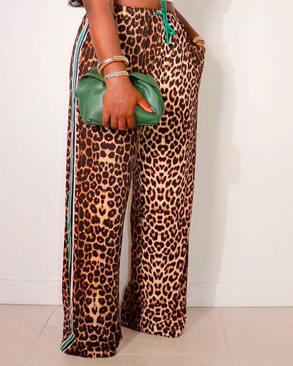 Color-Block Leopard Print Drawstring Straight-Leg Pants