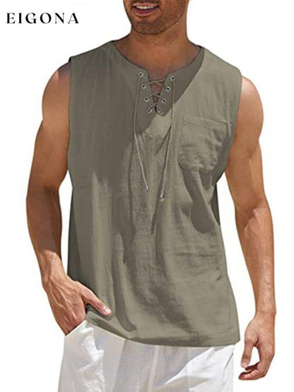 Men's Casual Cotton Linen Solid Color Hooded Lace Up Vest men s linens