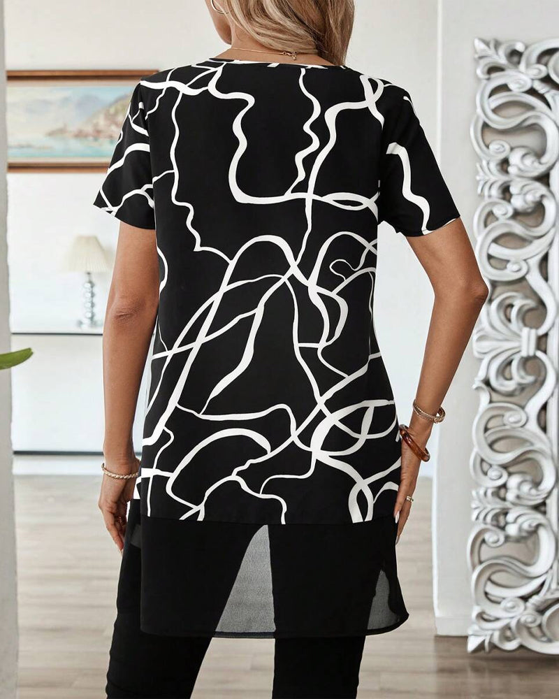 Round Neck Printed Irregular Casual Blouse