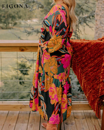 Multicolour Floral Print Square Neck High Waist Plus Size Dress casual dresses clothes Color Multicolor Color Orange Color Pink dress dresses long sleeve dress long sleeve dresses maxi dress midi dress midi dresses Occasion Daily Print Floral Season Spring Style Southern Belle