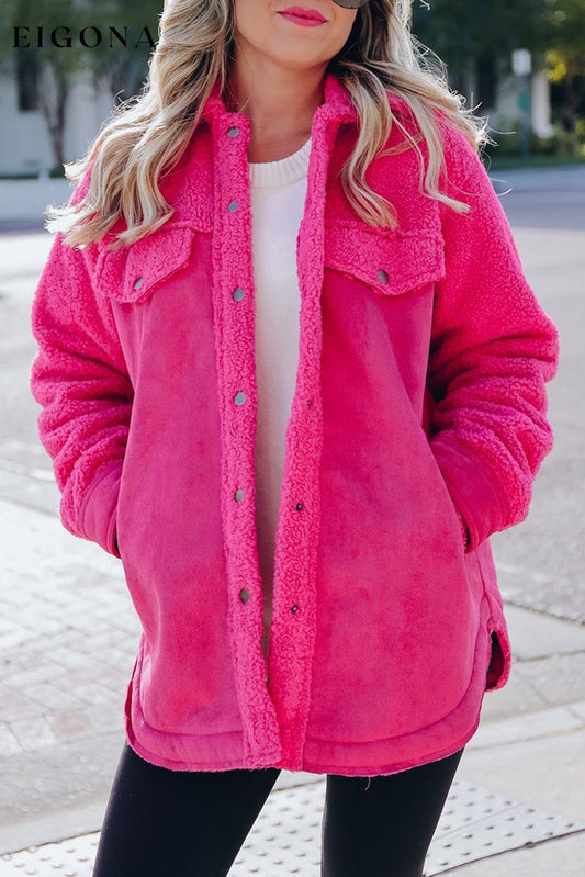 Bright Pink Faux Suede Sherpa Patchwork Button-up Shacket Dark Pink 100%Polyester All In Stock Best Sellers clothes Color Pink EDM Monthly Recomend Fabric Fleece Hot picks Jackets & Coats Occasion Daily Print Solid Color Season Winter Style Southern Belle