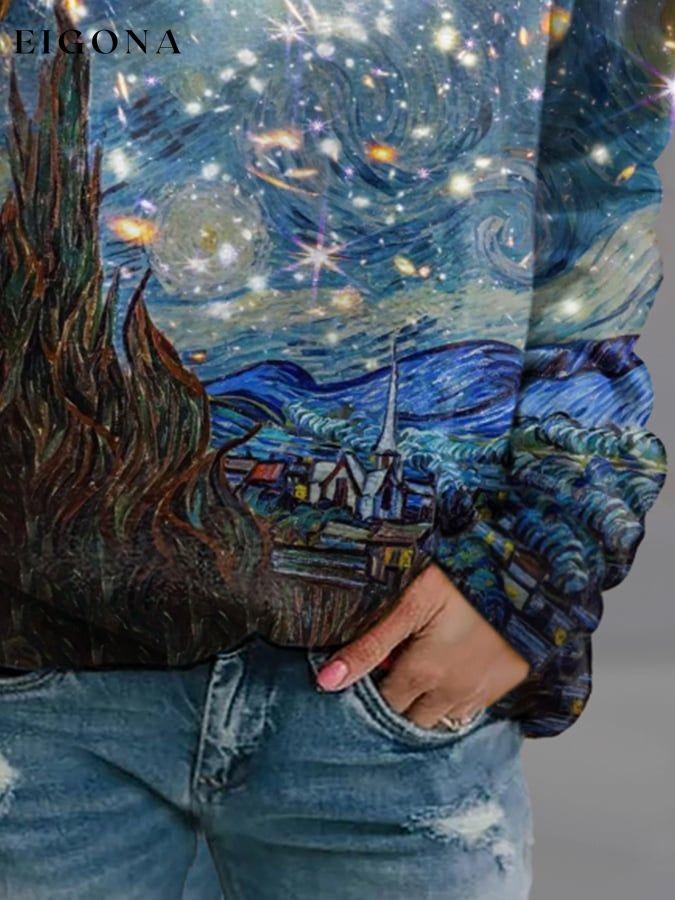 Casual Crew Neck Oil Painting & Space Image Print T-Shirt starry