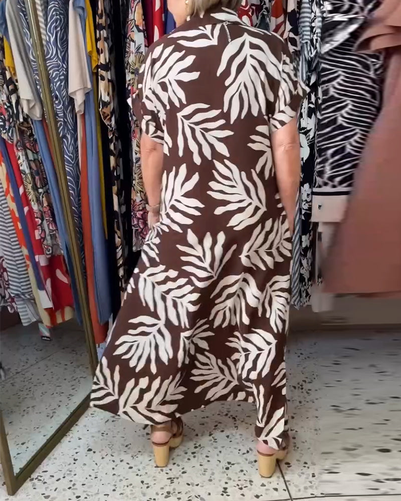 Botanical Leaf Print Short-Sleeve Lapel Dress